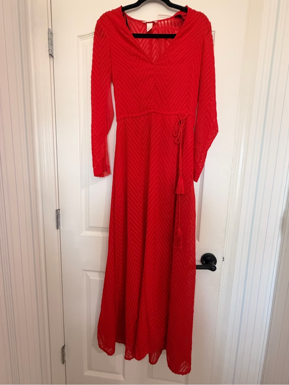 H&M Red Sheer Chevron Wrap Maxi Dress Tassel Tie Size 2
